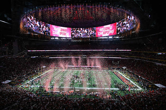 View of the confetti falling as Alabama Crimson Tide wins the game in overtime against the Georgia Bulldogs in the 2018 CFP national championship college football game at Mercedes-Benz Stadium.